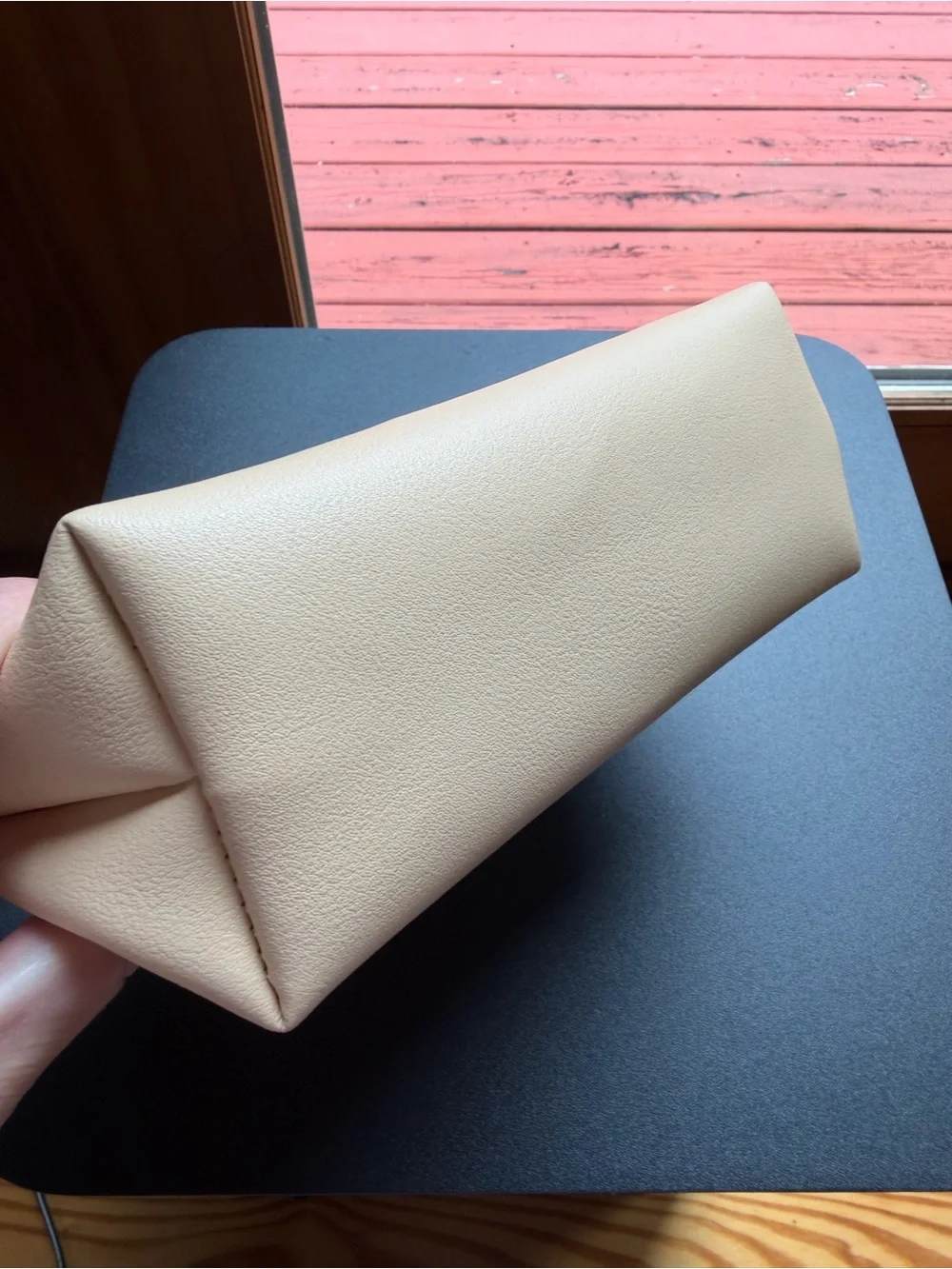 Bulgari Cream Blush Leather Cosmetic Pouch Metal Logo NWOT (8” by 5” by 2.5”)